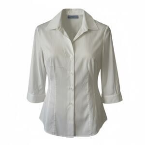 Vintage Prada Milano Tailored 3/4 Sleeve Button-Down Blouse Crisp White IT 40
